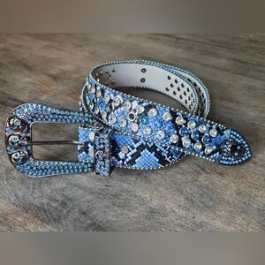 NWT Blue Snake Print Rhinestone Studded Belt With Skull Conchos
